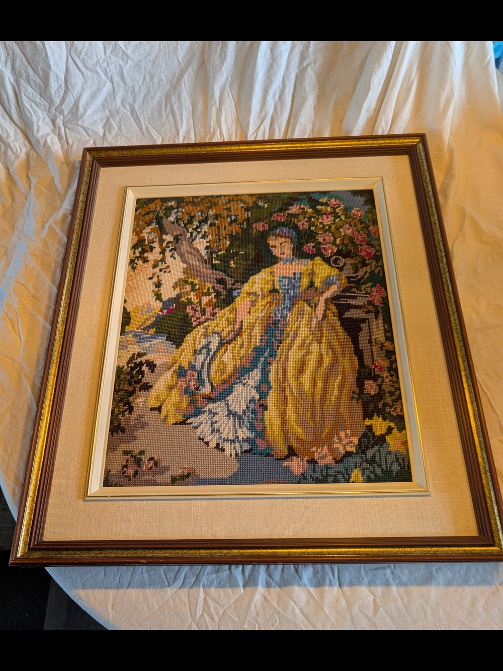 Vintage Yellow Blue Floral Lady Needlepoint Portrait